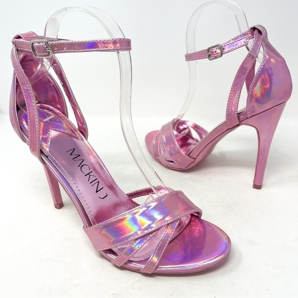 NEW Mackin J Pink Iridescent Open Strappy Faux Leather Sandal Heels - Picture 1 of 5